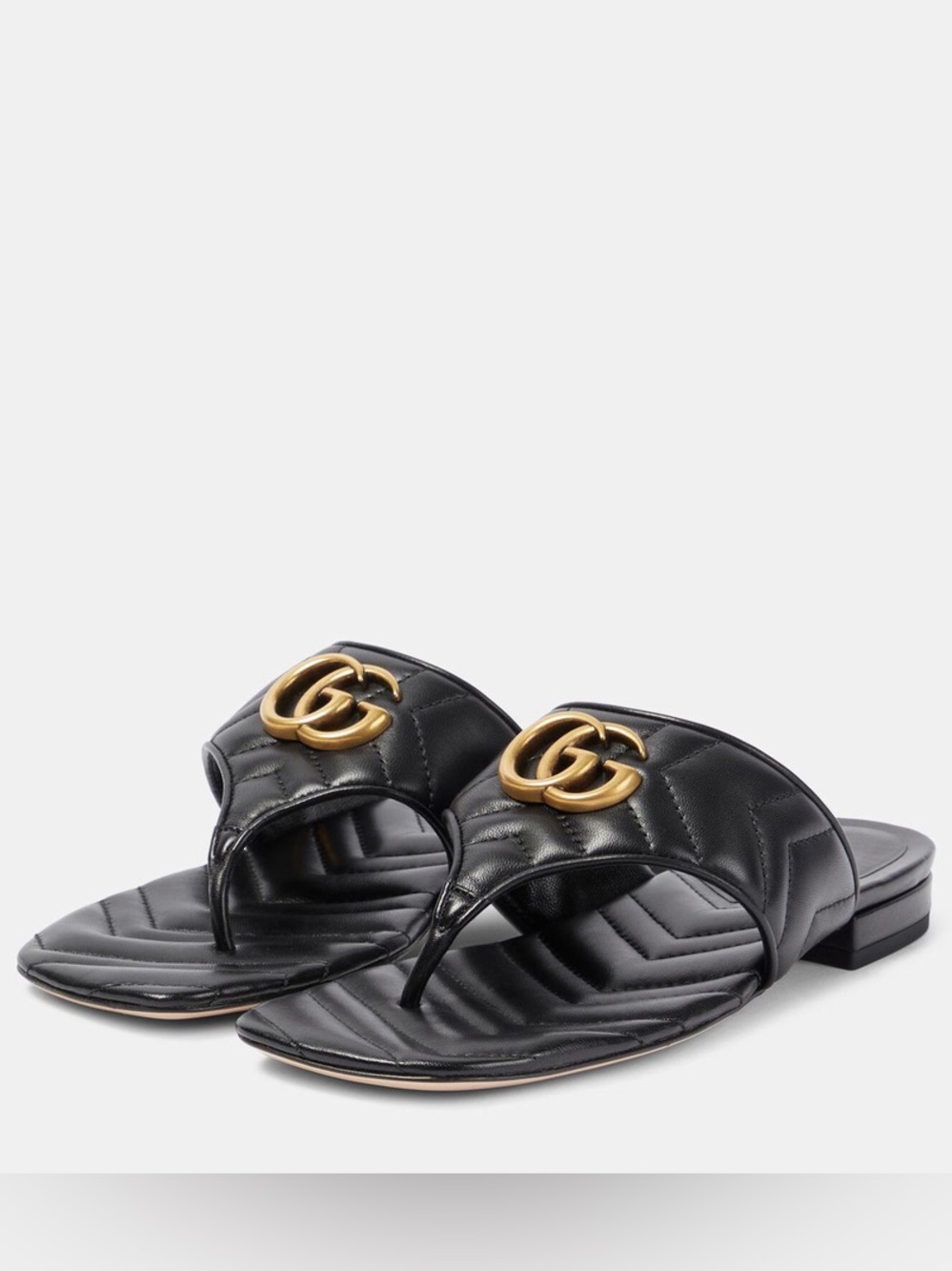 Gucci Black Quilted Leather Thong Sandals with Gold GG Hardware